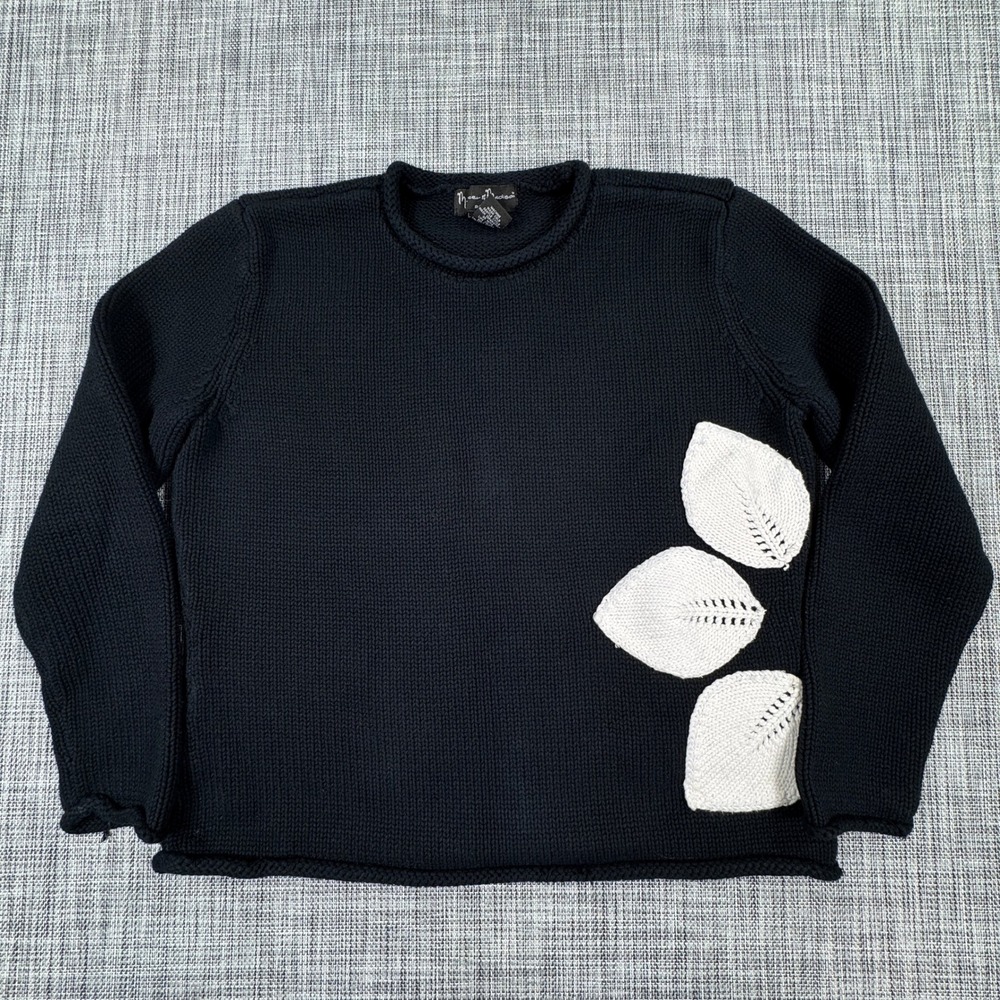 Mercer & Madison Women's Cotton Knit Sweater Petite M Black Leaf Applique